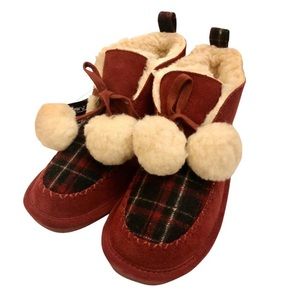 BearPaw suede pompom boot with sheepskin interior